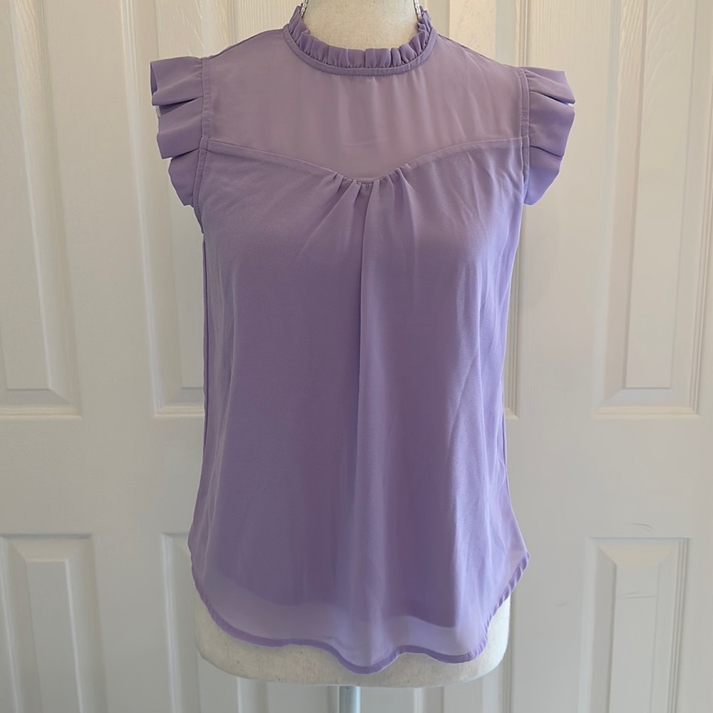 Purple sleeveless blouse with sheer layer with ruffle detail. Worn 1x. Size S.